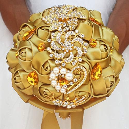 Gold Rhinestone Brooch Wedding Bouquet with Satin Roses and Crystals