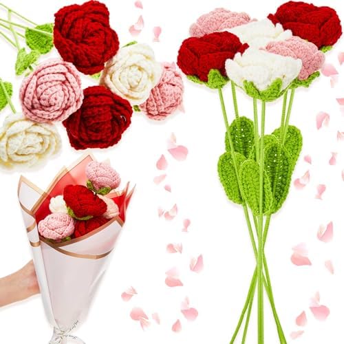 Riceshoot 12 Pcs Handmade Crochet Roses Bouquet Gifts