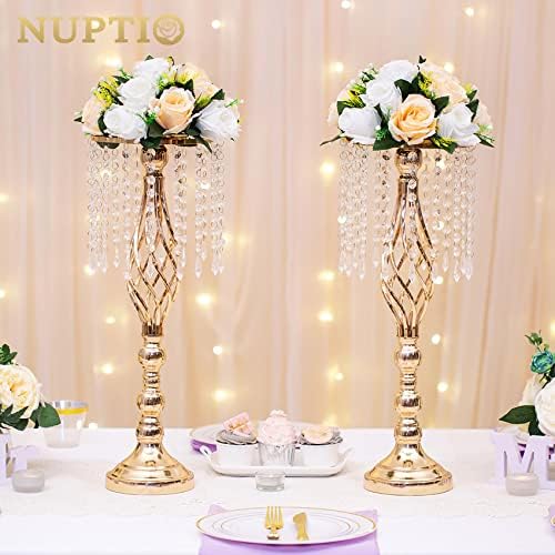 NUPTIO 6 Piece Champagne White Fake Flower Arrangement Bouquet with Base