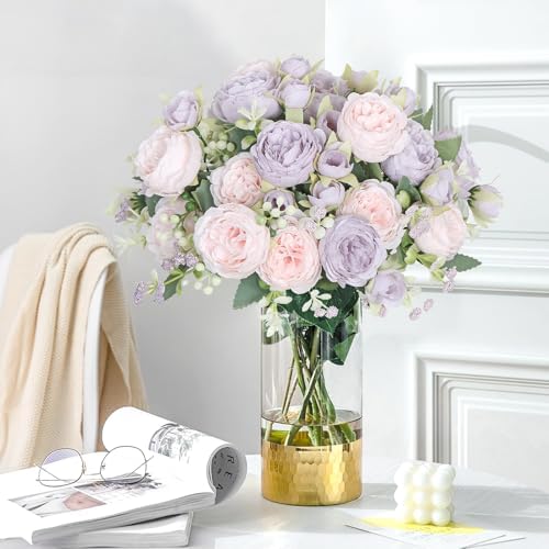 SOMYTING Artificial Peonies Flowers Bouquet Purple and Pink 2PCS