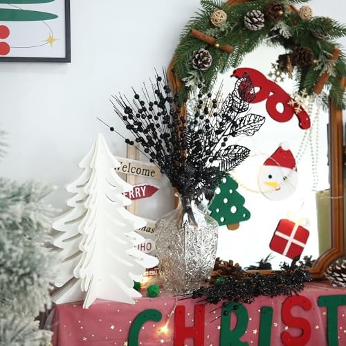 12 Pack Artificial Glitter Christmas Tree Picks Black with Berry Stems and Flowers