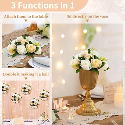 NUPTIO 6 Piece Champagne White Fake Flower Arrangement Bouquet with Base