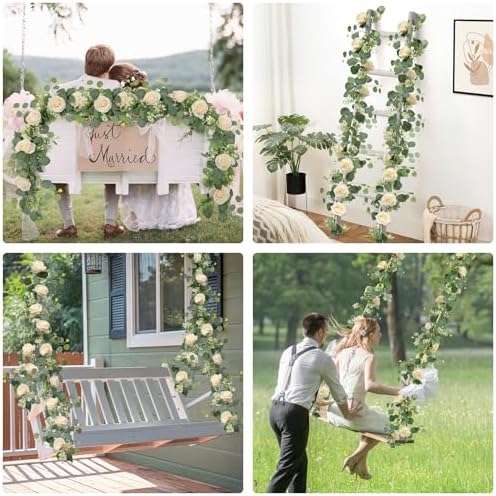 TOCHGREEN 2Pcs Artificial Eucalyptus Flower Garland with Champagne Rose and Gypsophila
