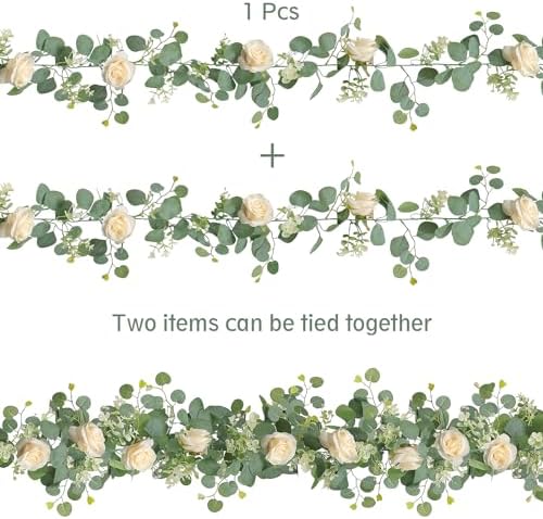 TOCHGREEN 2Pcs Artificial Eucalyptus Flower Garland with Champagne Rose and Gypsophila
