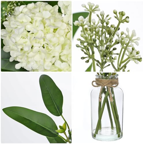 Hollyone Artificial Hydrangea Flowers with Clear Glass Vase