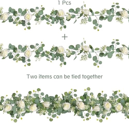 TOCHGREEN 2Pcs Artificial Eucalyptus Garland with White Roses and Gypsophila