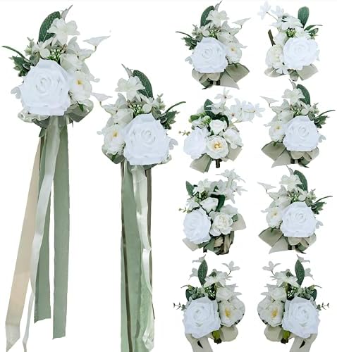 BENCENTRE White and Sage Wedding Aisle Decorations Set of 10