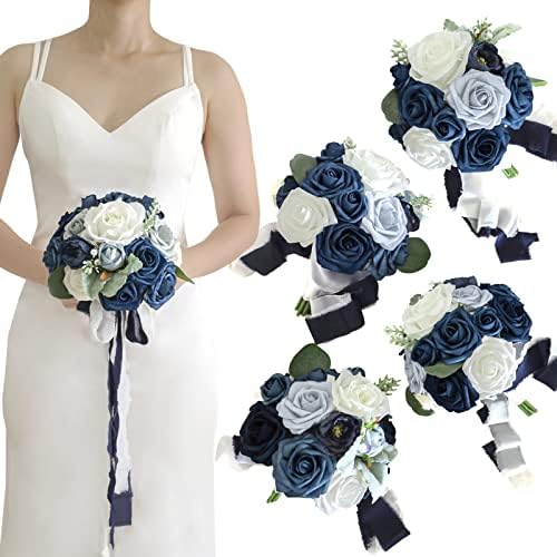 Lookein 4pcs 7 Inch Artificial Bridesmaid Bouquets Navy Blue