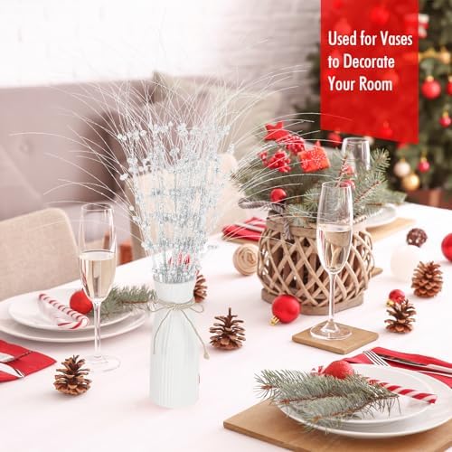 28 Inch White Glitter Berry Stem Christmas Decor - 10 PCS