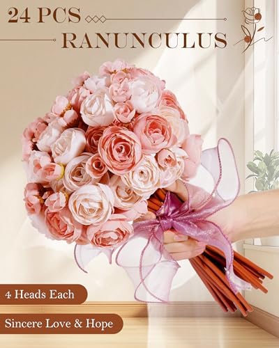 24Pcs Faux Ranunculus Flowers with 4 Blooms per Stem