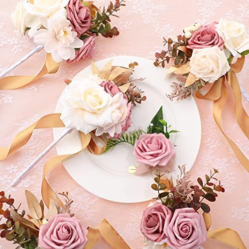 Karenhi 12 Pcs Artificial Wedding Bouquets and Boutonniere Set Rose White