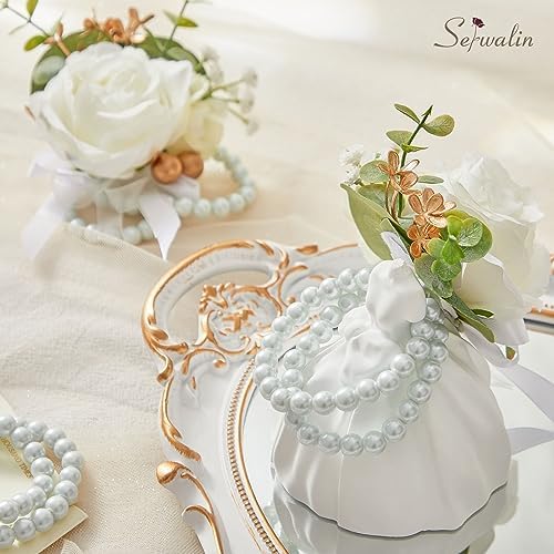 Serwalin 6Pcs White Prom Corsage Wristlet Set