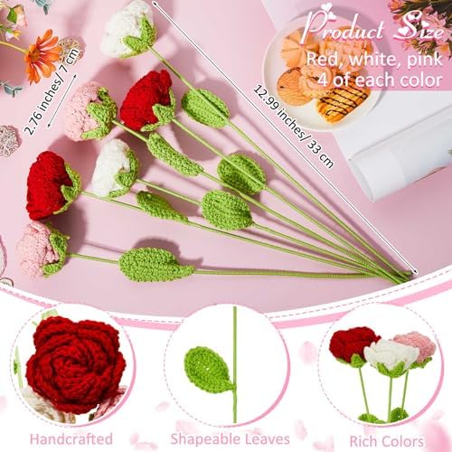 Riceshoot 12 Pcs Handmade Crochet Roses Bouquet Gifts