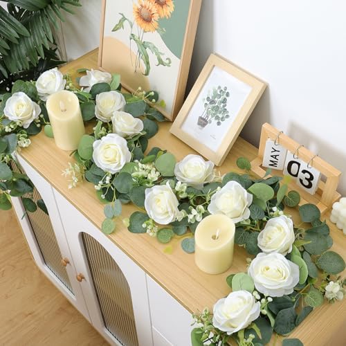 TOCHGREEN 2Pcs Artificial Eucalyptus Garland with White Roses and Gypsophila