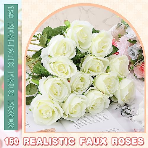 Tigeen 150 Pcs Artificial White Roses Bulk