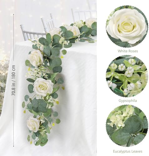TOCHGREEN 2Pcs Artificial Eucalyptus Garland with White Roses and Gypsophila