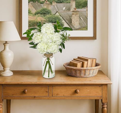 Hollyone Artificial Hydrangea Flowers with Clear Glass Vase