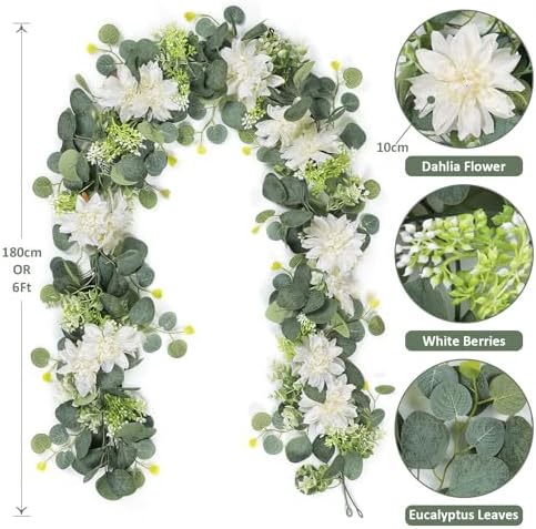Dremisland Artificial Flowers Garland 2 Pack 12ft Eucalyptus with White Dahlias and Berries