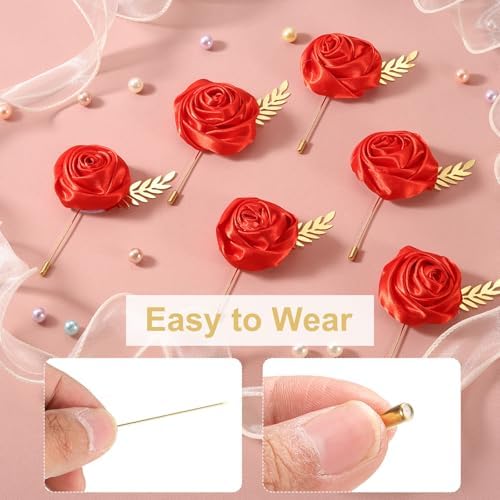 Uxcell 4pcs Red Rose Boutonnieres with Leaf for Formal Events