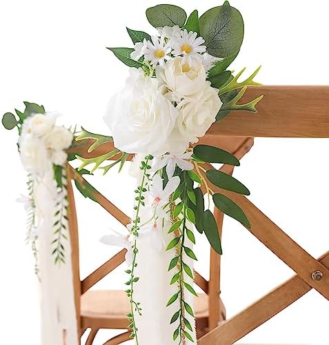 Wedding Chair Decorations 8pcs Artificial Flowers with Chiffon Ribbons