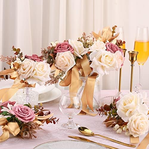 Karenhi 12 Pcs Artificial Wedding Bouquets and Boutonniere Set Rose White