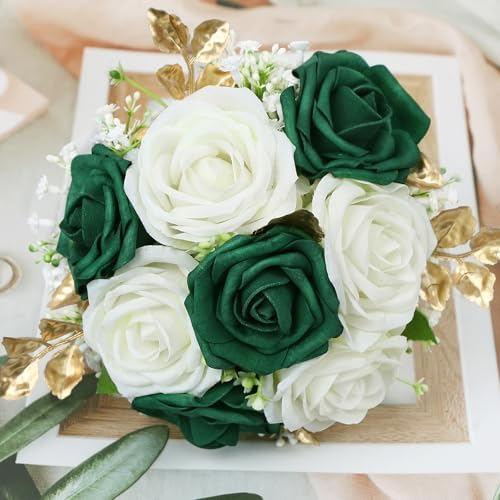 Wedding Bridesmaid Bouquet Set of 4 Artificial Flowers Emerald White Gold