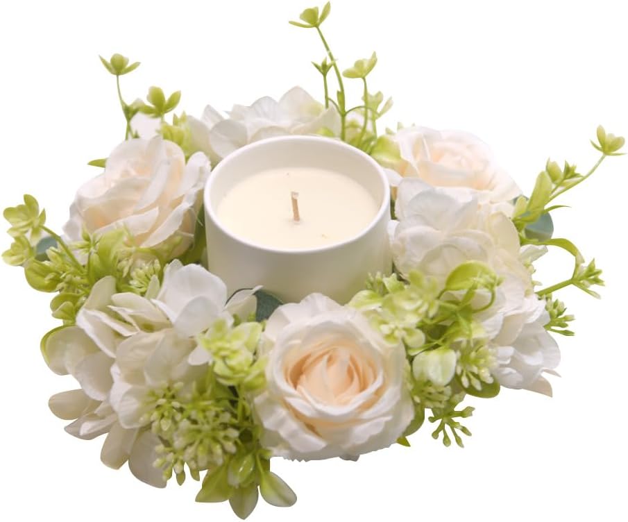2 Pcs Artificial Rose and Hydrangea Candle Wreaths 3 Inch Center White