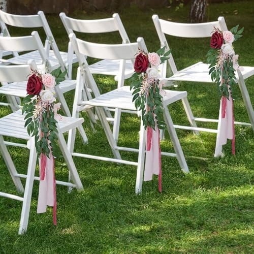 6PCS Wedding Artificial Aisle Chair Flowers Decor with Chiffon Ribbons
