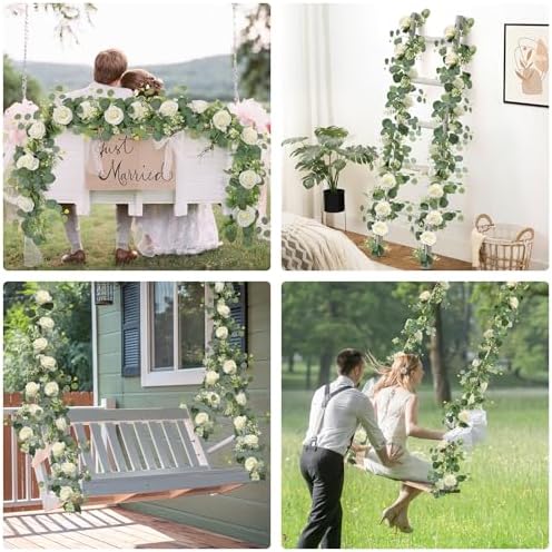 TOCHGREEN 2Pcs Artificial Eucalyptus Garland with White Roses and Gypsophila