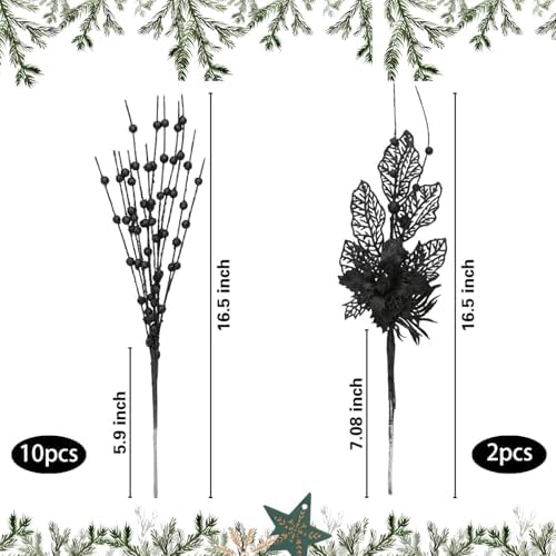 12 Pack Artificial Glitter Christmas Tree Picks Black with Berry Stems and Flowers