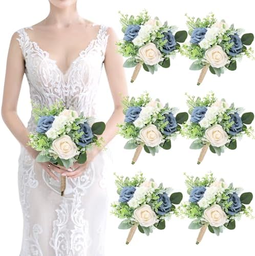 SEMONONIA 6 Piece Bridesmaid Bouquets Set - 7 Inch Artificial Flowers
