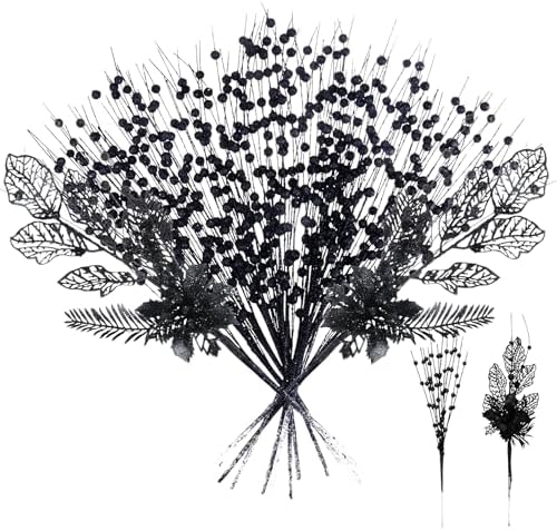 12 Pack Artificial Glitter Christmas Tree Picks Black with Berry Stems and Flowers