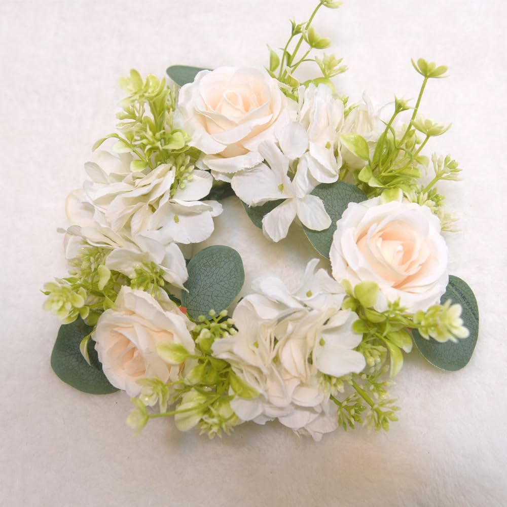 2 Pcs Artificial Rose and Hydrangea Candle Wreaths 3 Inch Center White