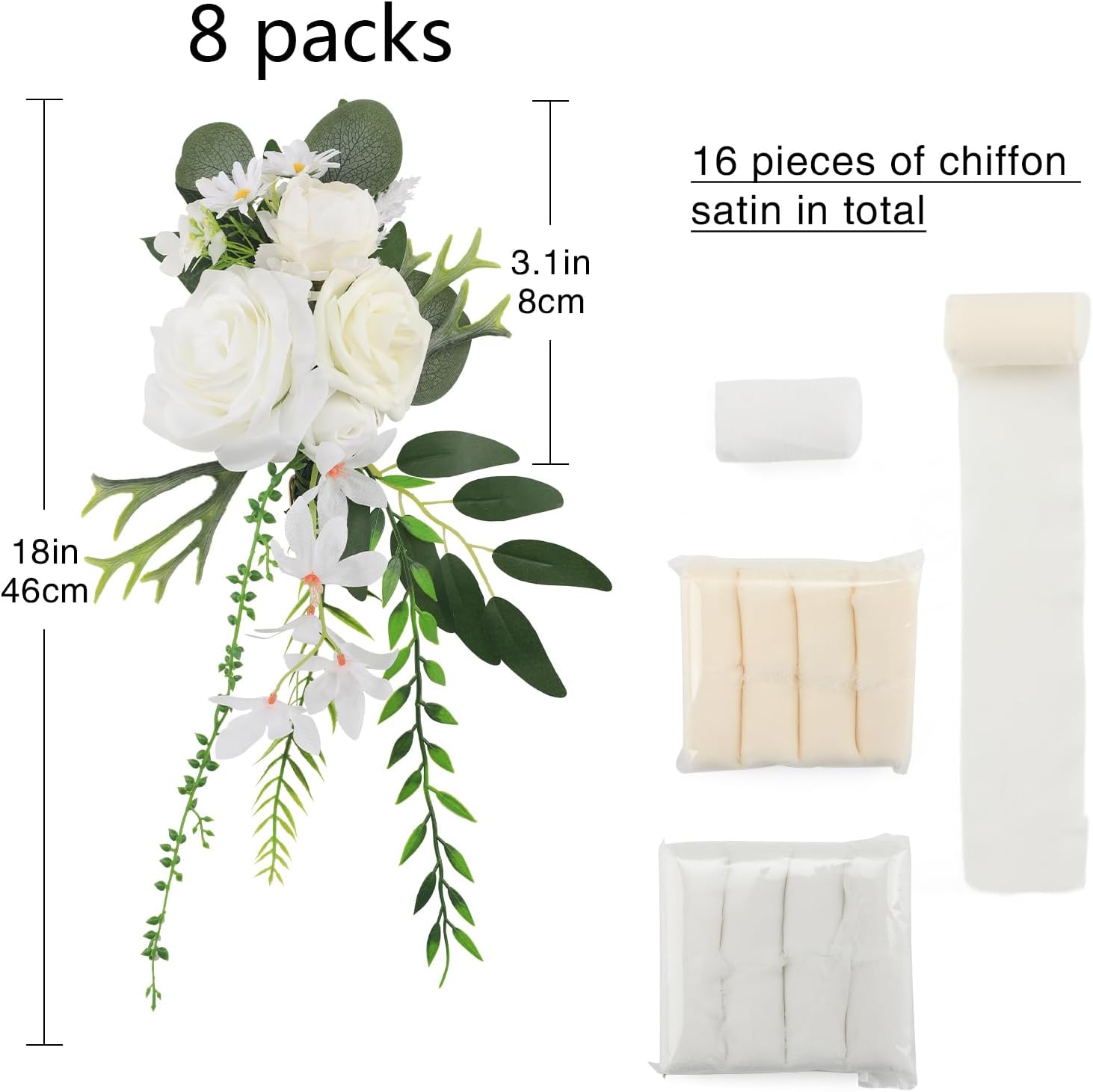Wedding Chair Decorations 8pcs Artificial Flowers with Chiffon Ribbons