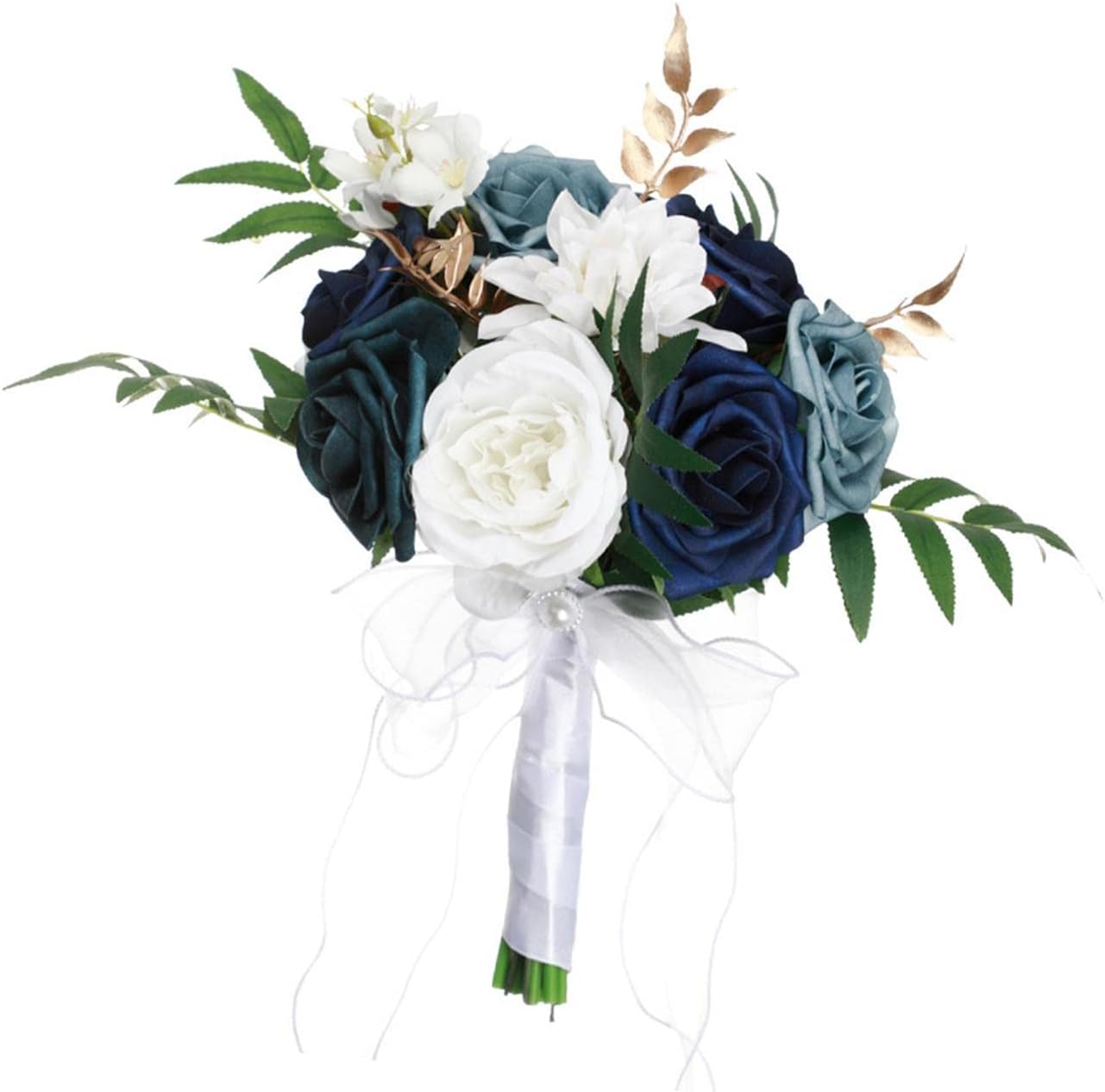 Elegant Blue White Bridal Bouquet with Ribbon