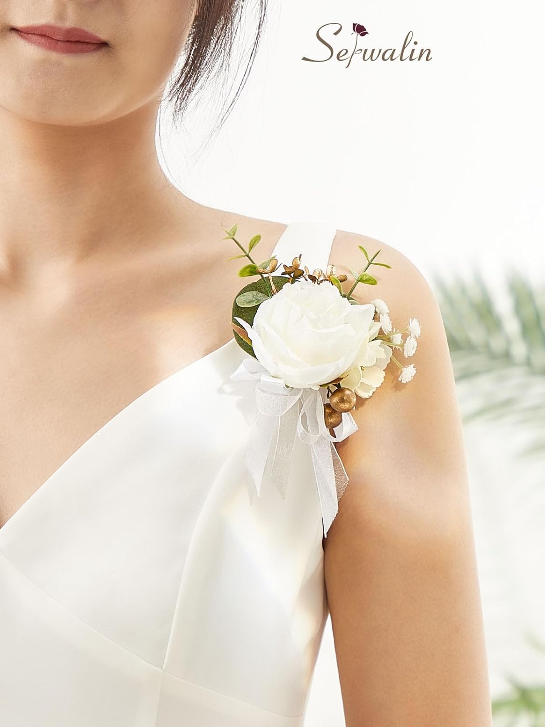 Serwalin 6Pcs White Prom Corsage Wristlet Set