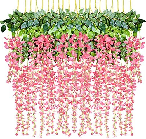 DearHouse 12 Pack Artificial Wisteria Vine Hanging Garland Pink