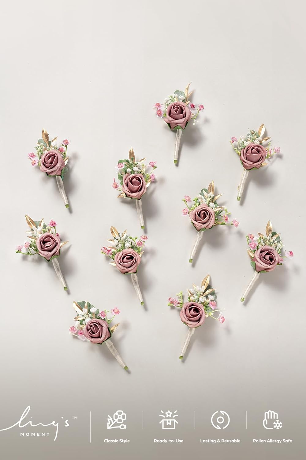 Lings Moment Dusty Rose Pink Boutonniere Set 10pcs