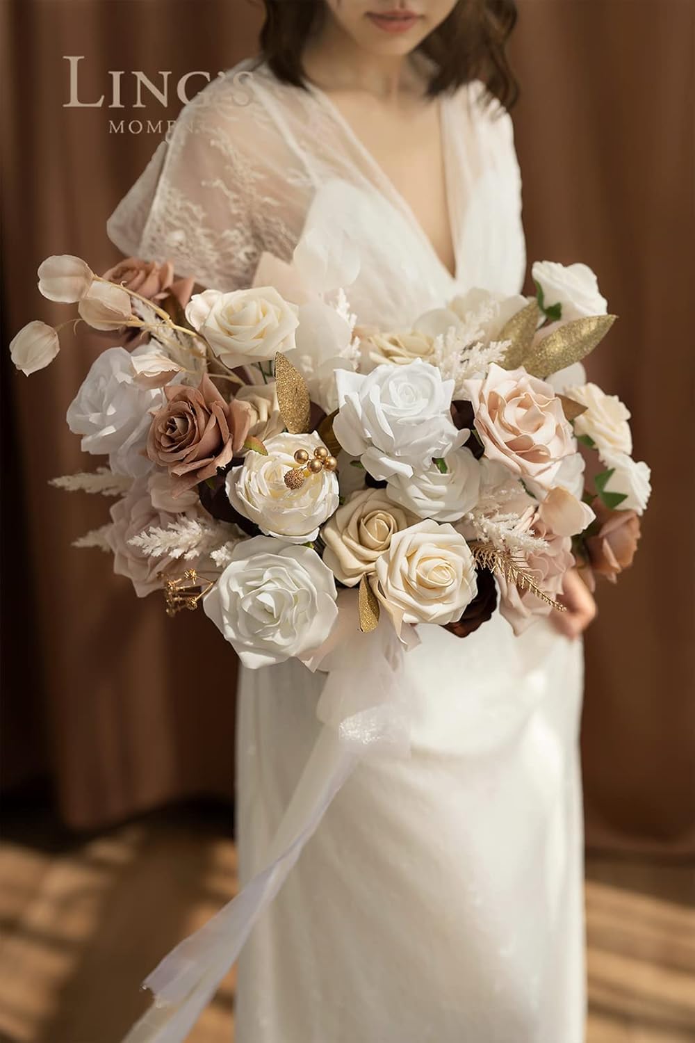 Lings Moment Artificial Flowers 50Pcs Cream Roses Decor with Stems