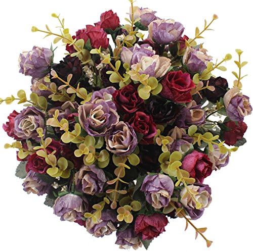 Duovlo 7 Stem 21 Mini Rose Artificial Flower Bouquet Pack of 4 Purple