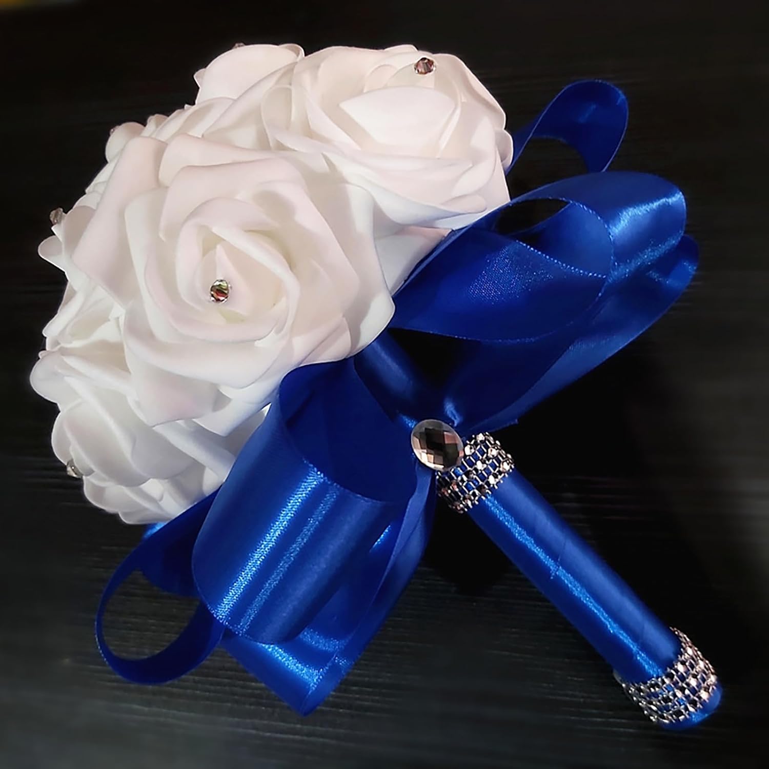 Crystal Diamond Silk Roses Wedding Bouquet Blue