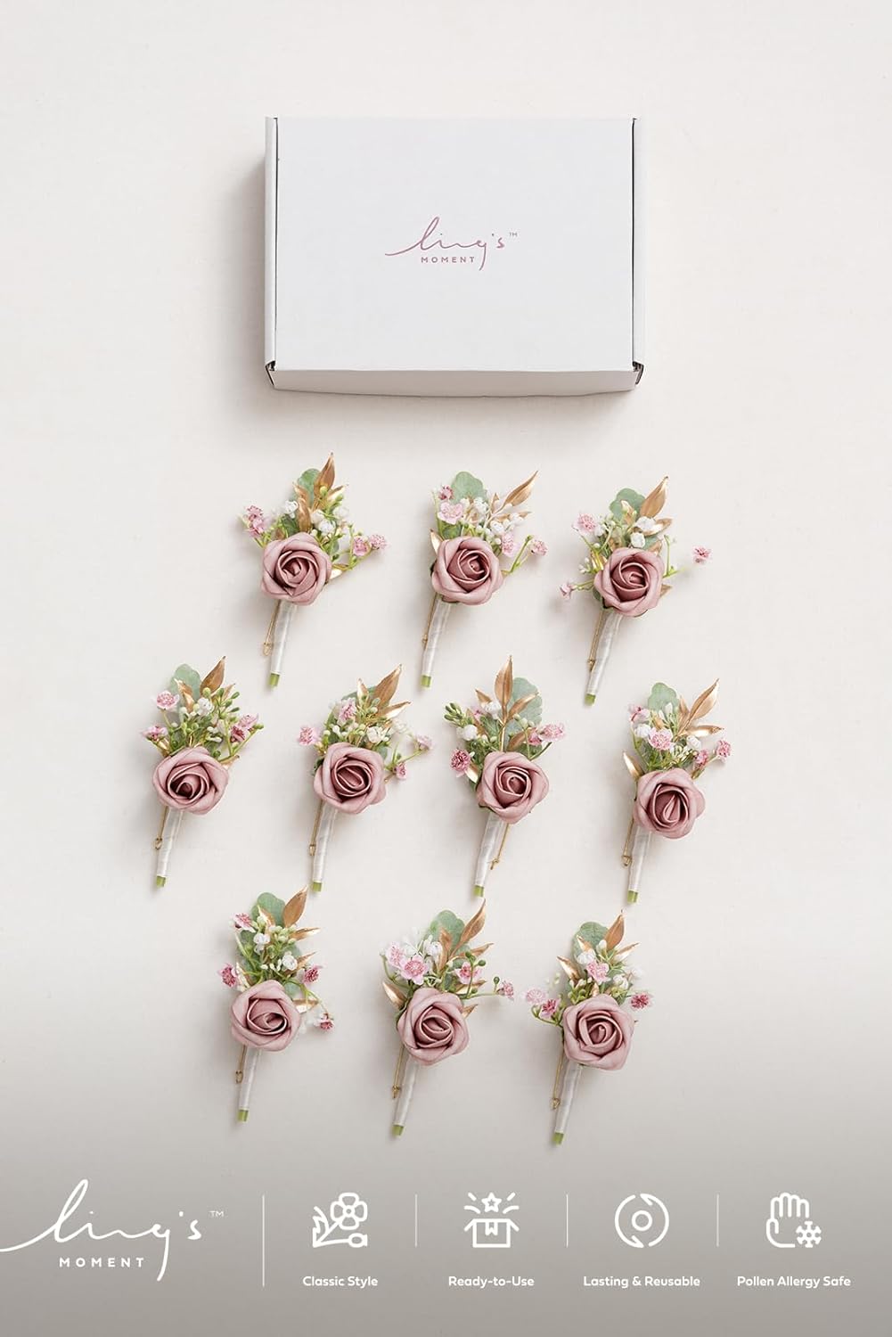 Lings Moment Dusty Rose Pink Boutonniere Set 10pcs