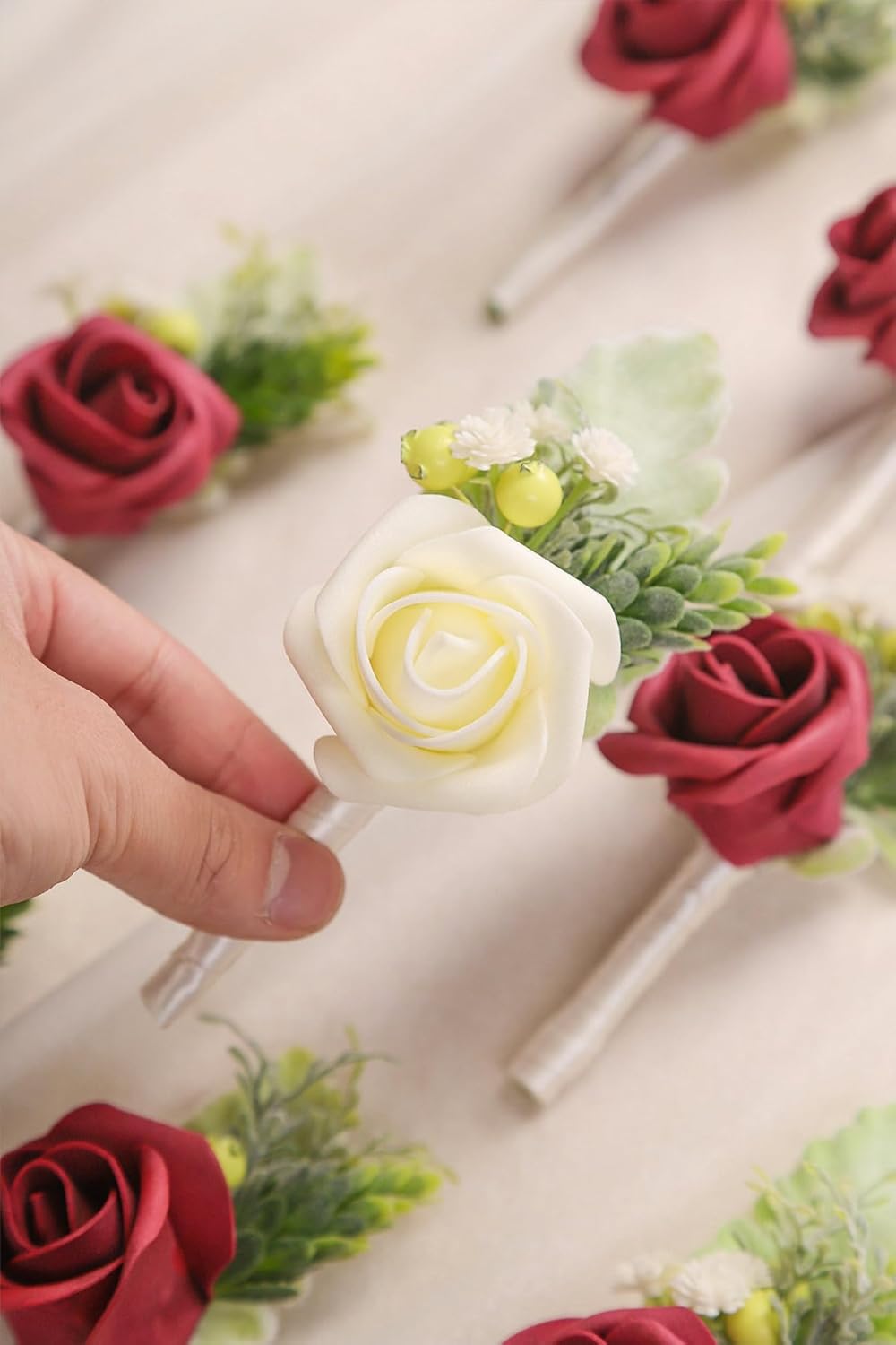 HIALTODAY 8Pcs Men Red Rose Boutonnieres Wedding Supplies