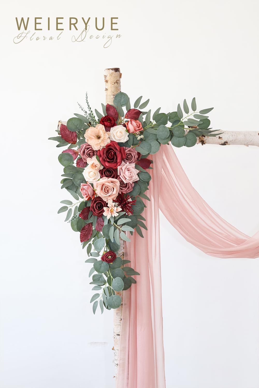 Artificial Wedding Arch Flowers Kit with 3 Pieces and Chiffon Drape