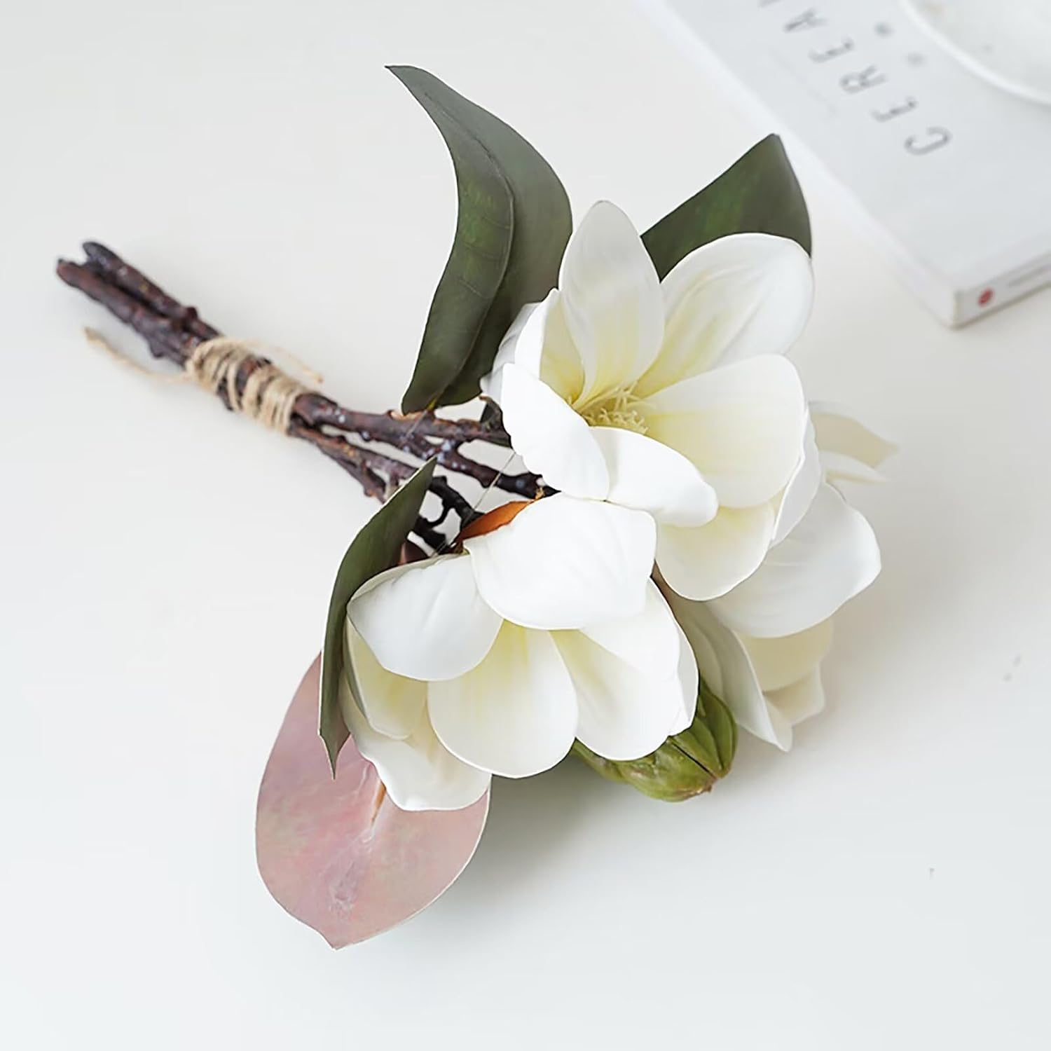 Lovmeety White Magnolia Artificial Flowers 2 Pack Bouquet Decor