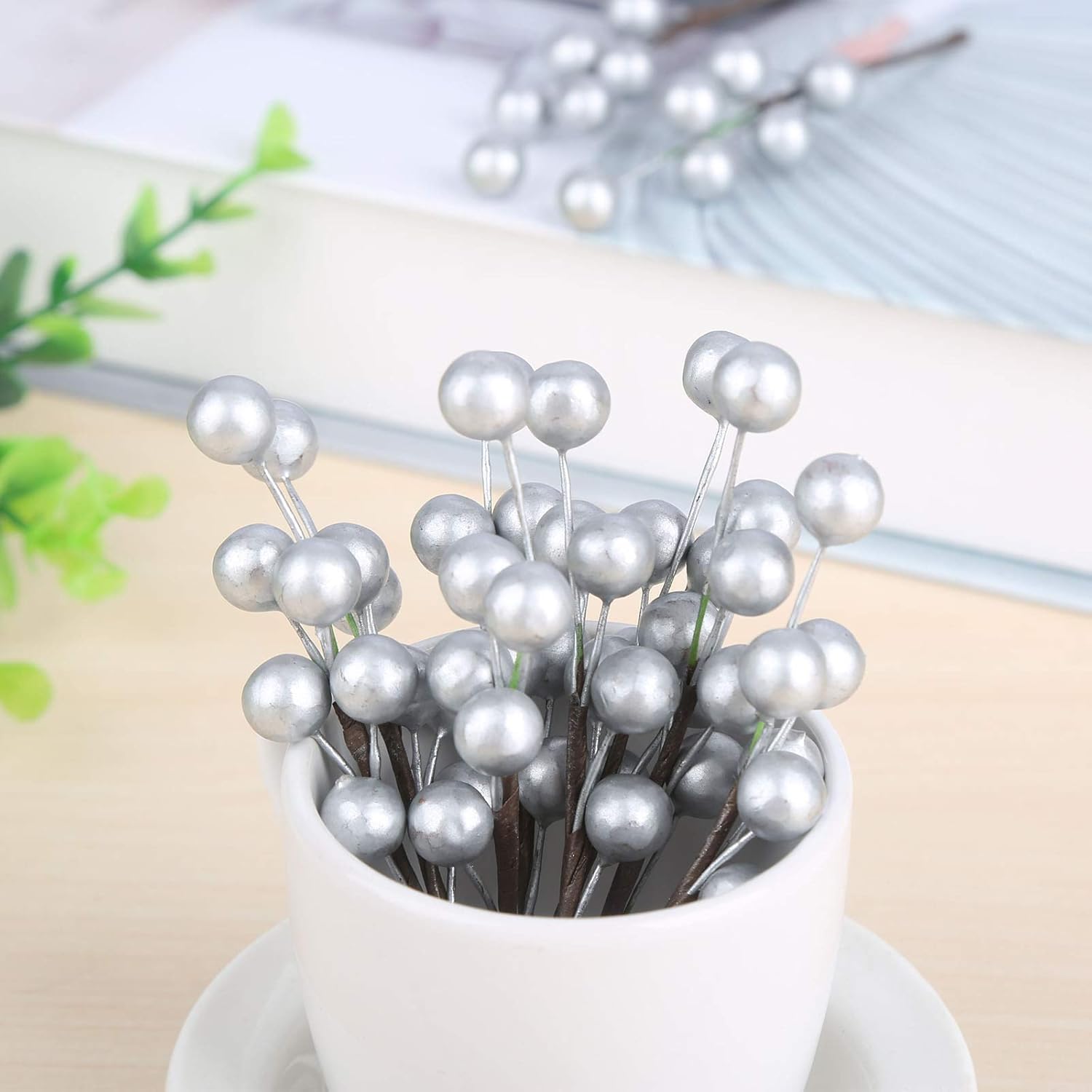 Yetaha 10 Pcs Artificial Holly Berries with Silver Fruits