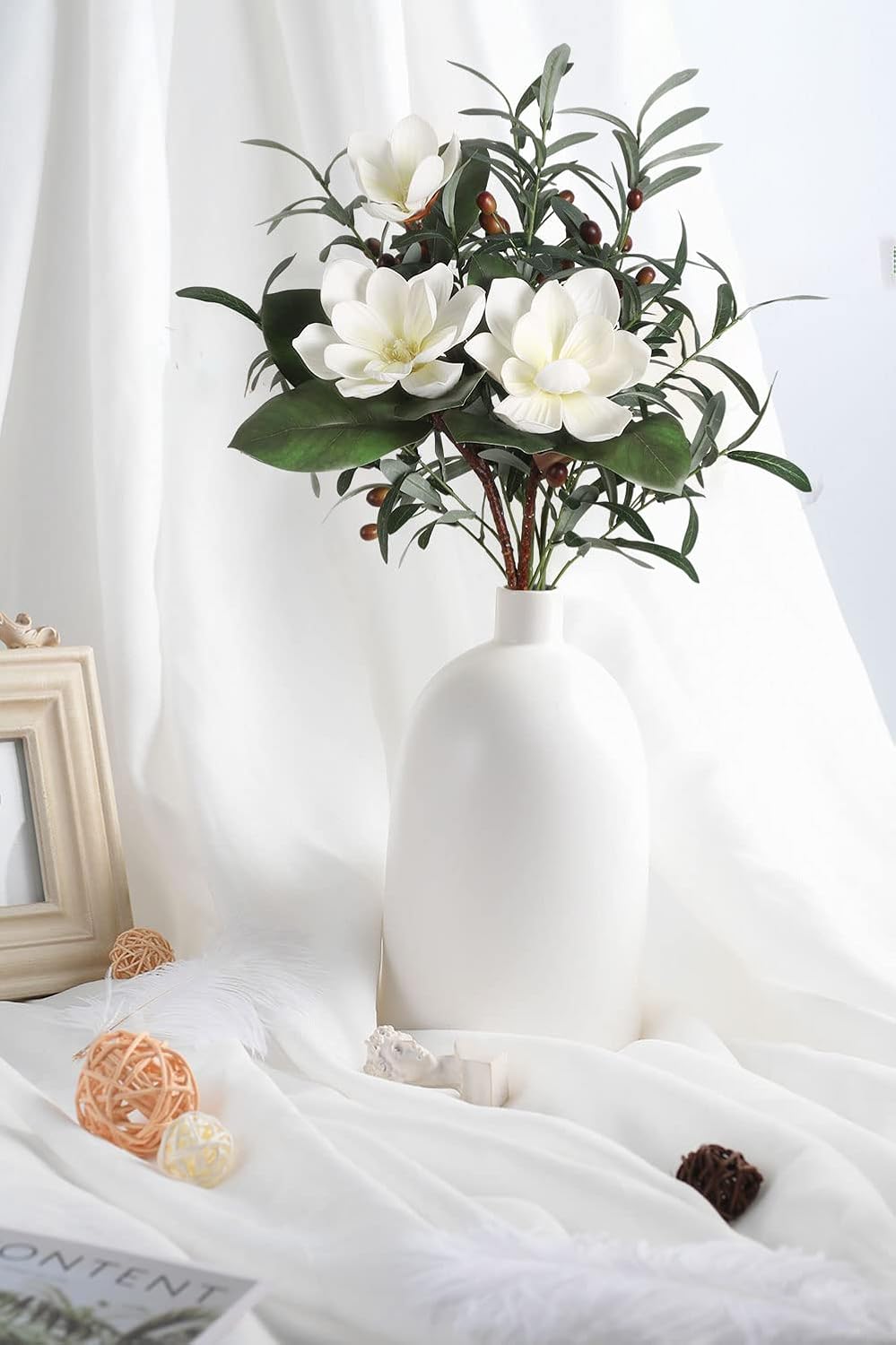 White Silk Magnolia Flowers and Olive Branches Artificial Flower Set for Vases