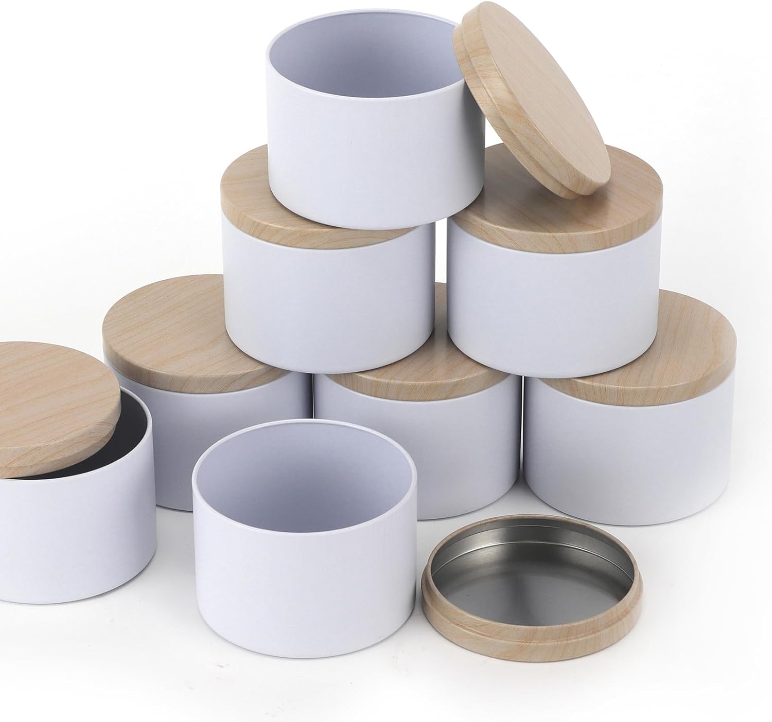 NEXBEXES 24PCS 8oz White Candle Tins with Wood Grain Metal Lids