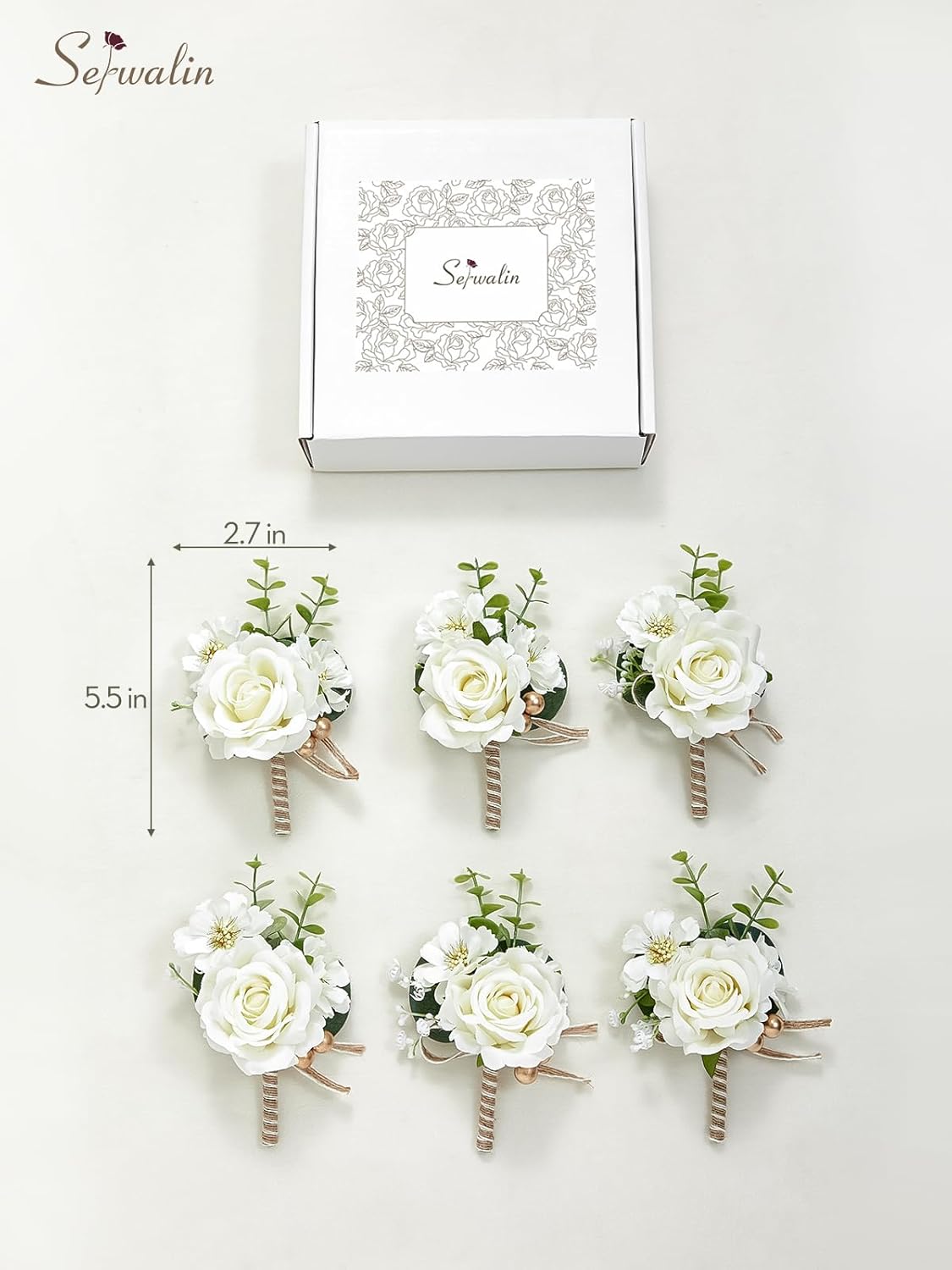 Serwalin 6PCS Ivory Rose Boutonniere for Men Wedding Groomsmen