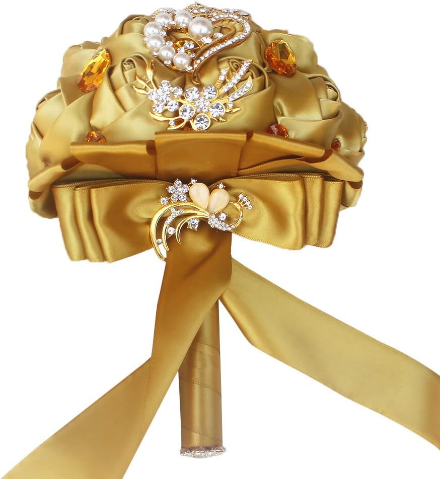 Gold Rhinestone Brooch Wedding Bouquet with Satin Roses and Crystals